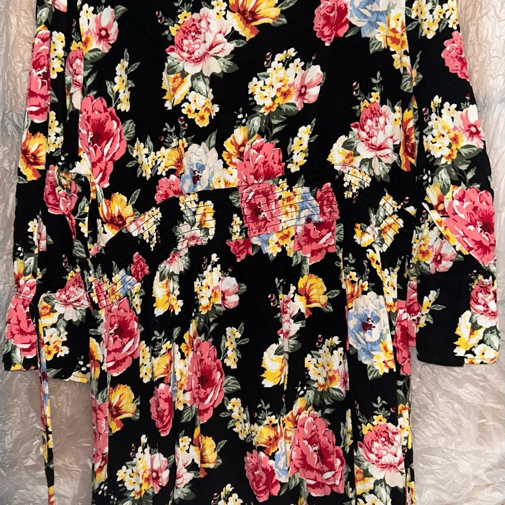 Forever21 Black Floral Midi Dress with Pink & Yellow Blooms